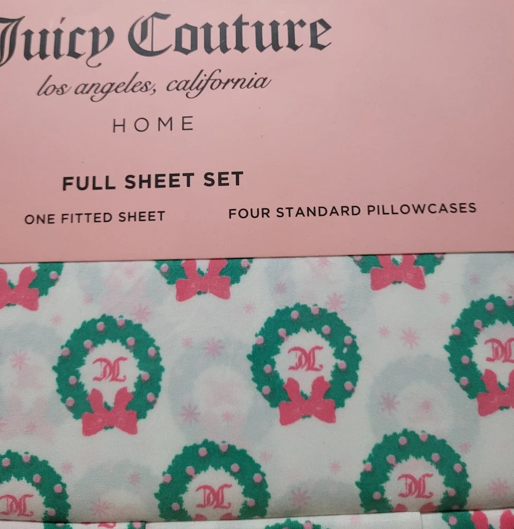 Juicy Couture FULL Sheet Set White JC Monogram Wreath Print Holiday Winter Y2K